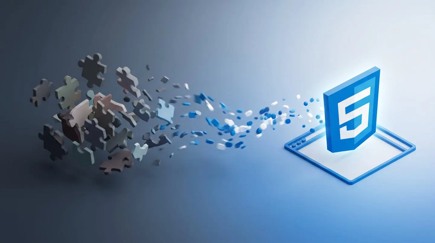 3D illustration showing the evolution from old plugin-based video players to modern HTML5 standard, represented by geometric shapes transforming from chaotic puzzle pieces into a unified glowing shield symbol