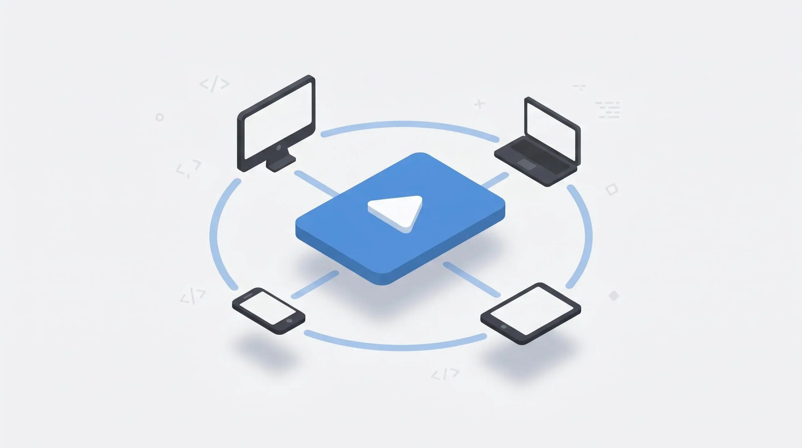 Minimalist 3D illustration of an HTML5 video player at center with lines connecting to surrounding device icons showing universal compatibility across desktop, laptop, tablet, and smartphone