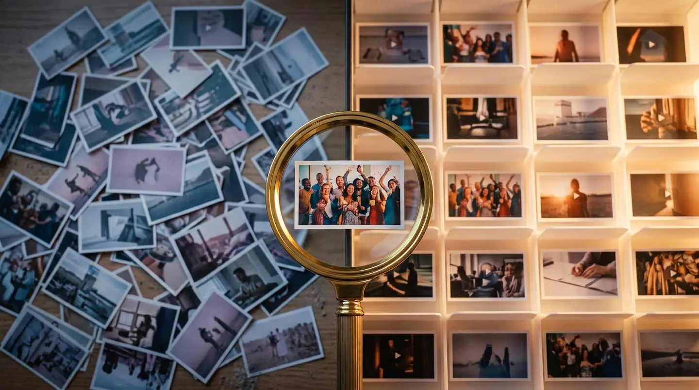 Conceptual photograph showing contrast between chaotic scattered video thumbnails on left and organized glowing grid system on right, with magnifying glass in center focusing on a single file